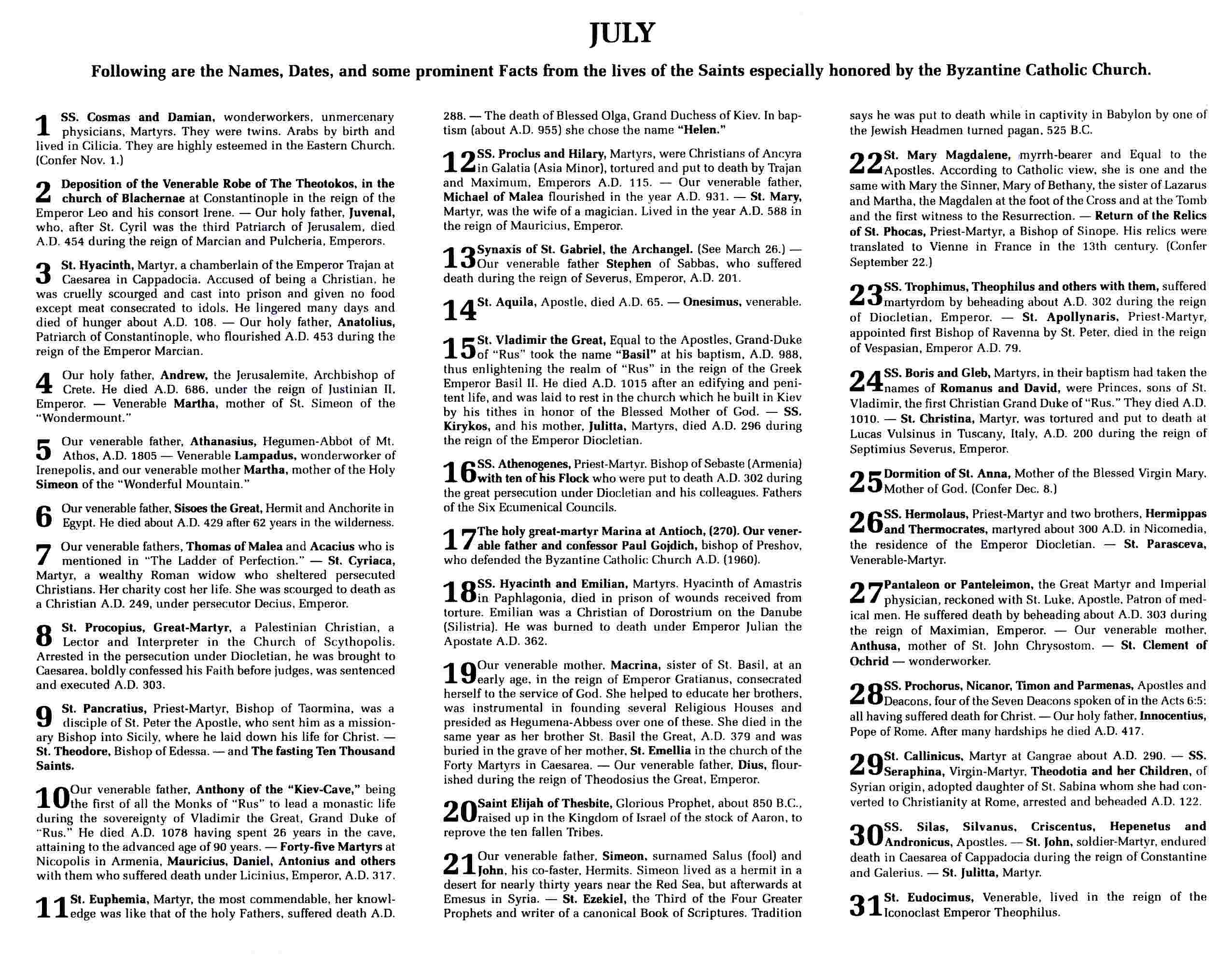 Info about the Saints of the month